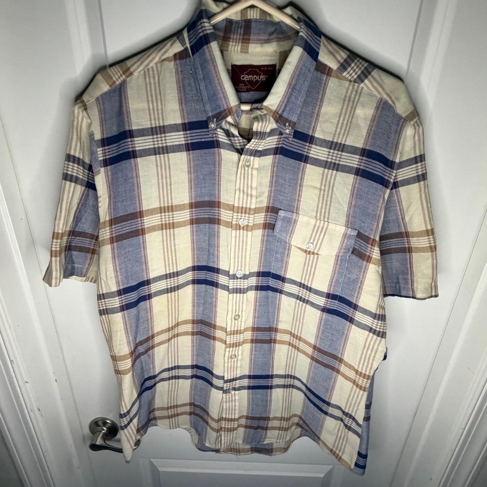 Vintage 70's Single Stitch Campus Plaid Short Sleeve Button Down Shirt Mens L